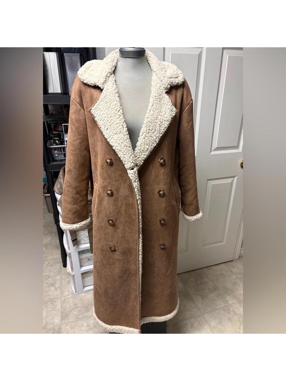SHEIN Camel Sherpa Lined Long Coat - Size M